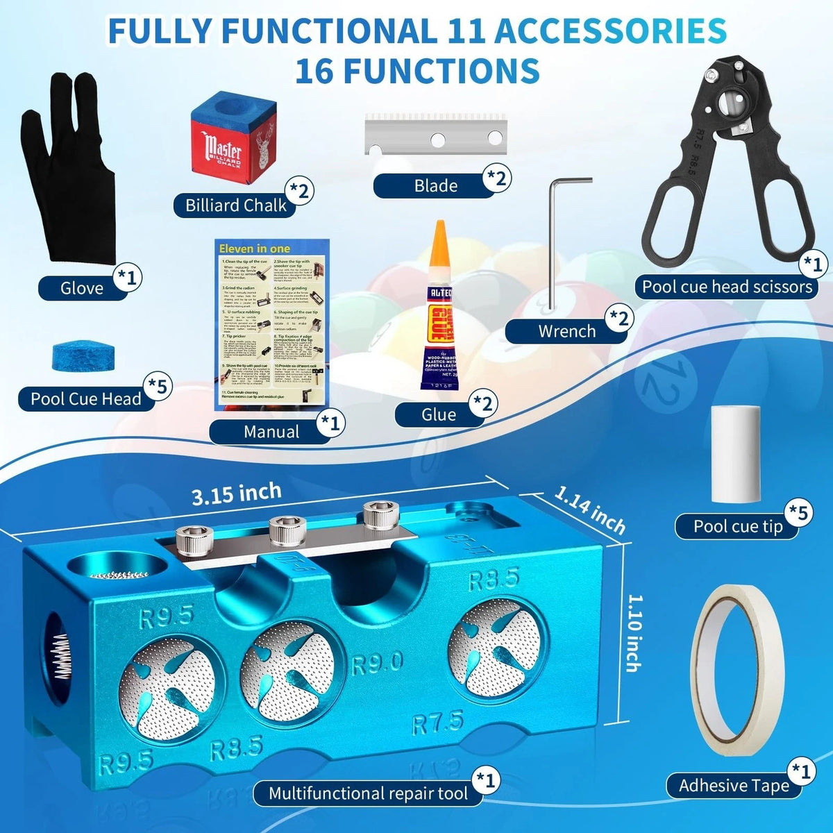 Northlet Pool Cue Tip Shaper, cue Tips Replacement kit, Billiards blue
