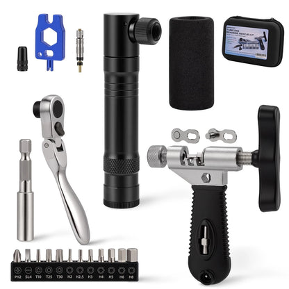 Bike Roadside Repair Kit with Mini Ratchet Tool, Chain Breaker and CO2...