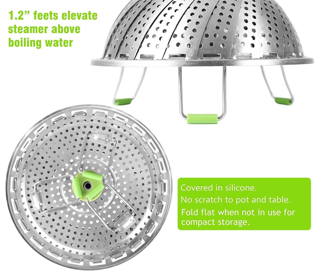 Consevisen Vegetable Steamer Basket for Cooking 5.1" to 9", Silver/Green