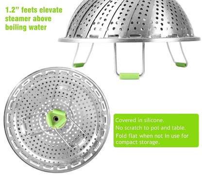 Consevisen Vegetable Steamer Basket for Cooking 5.1" to 9", Silver/Green