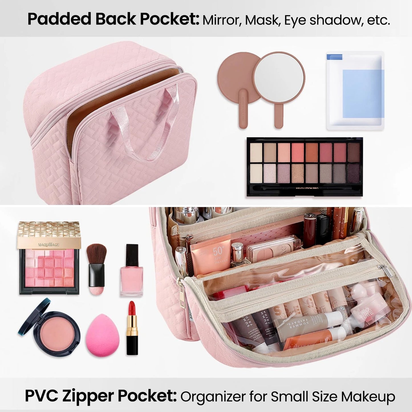 JOYYTUU Standing Makeup Bag, Large Capacity with Room for Brushes Light Pink