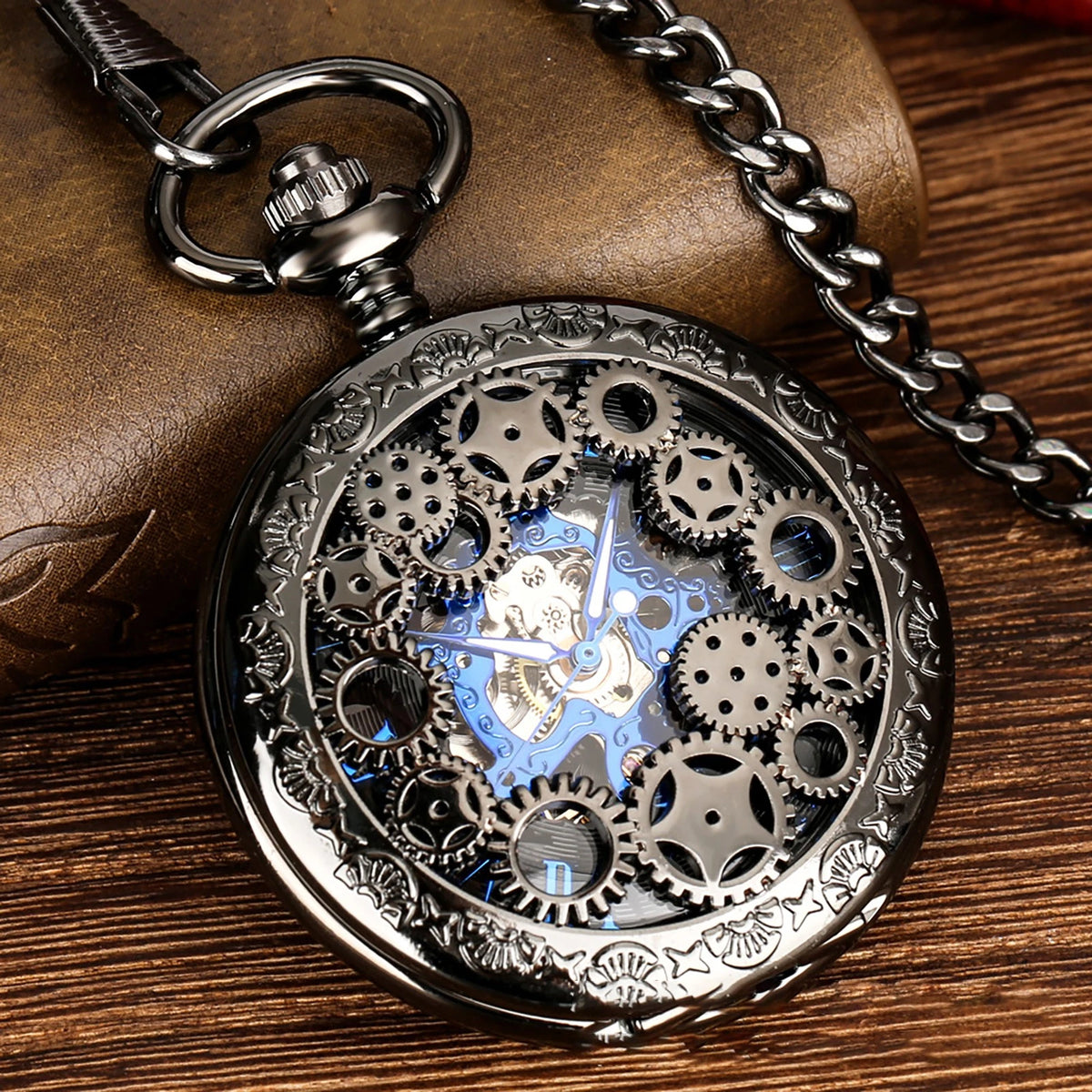 Mens Skeleton Mechanical Pocket Watch Hollow half Hunter Pocket Watch with Chain