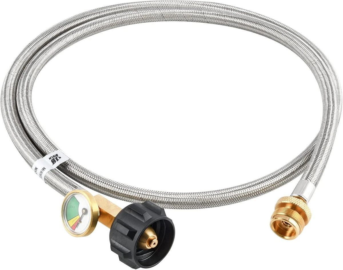 5 FT Propane Adapter Hose with Gauge - 1Lb to 20Lb Stainless Steel