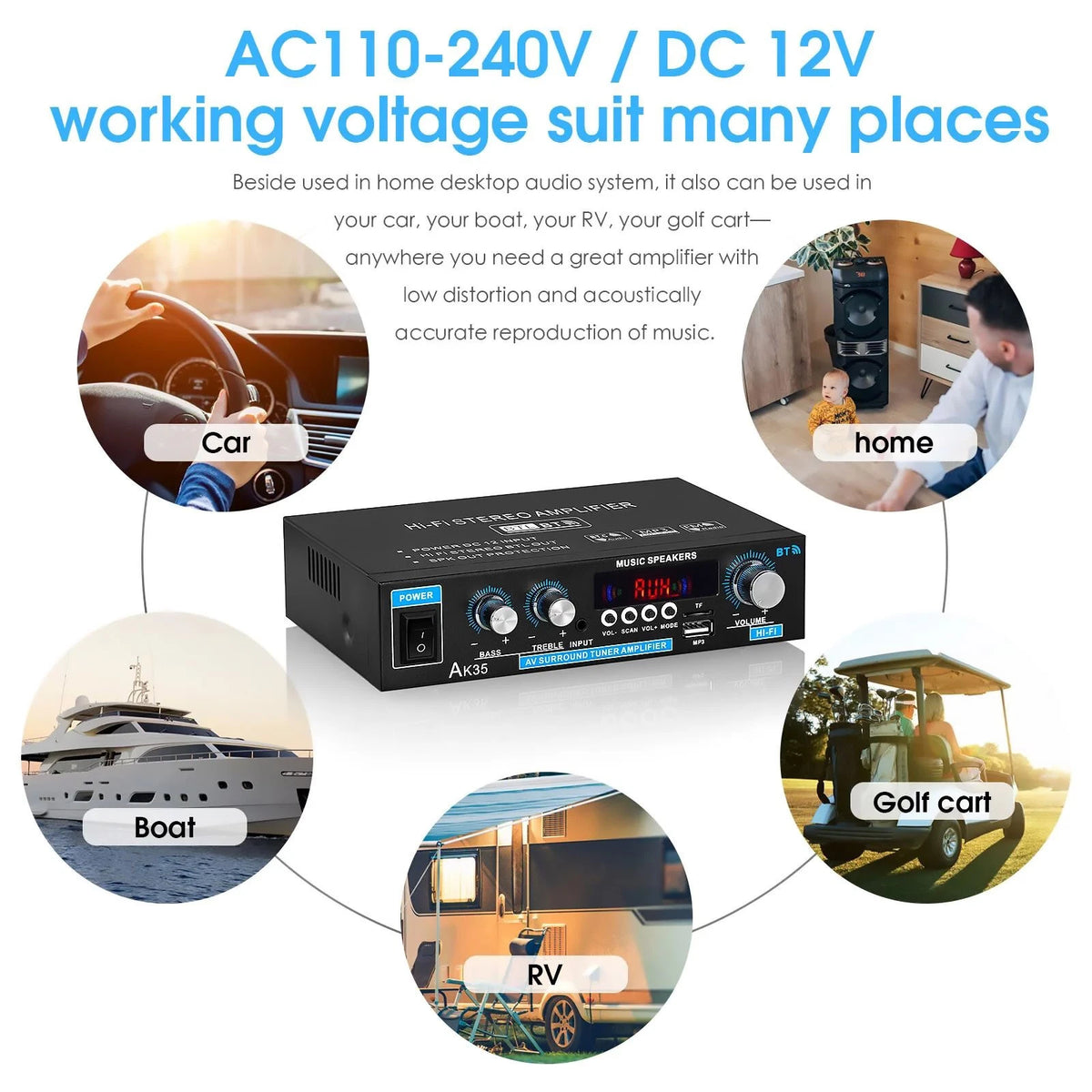 AK35 Bluetooth5.0 Power Amplifier Home/Car/Marine Stereo Audio Amp For Speaker
