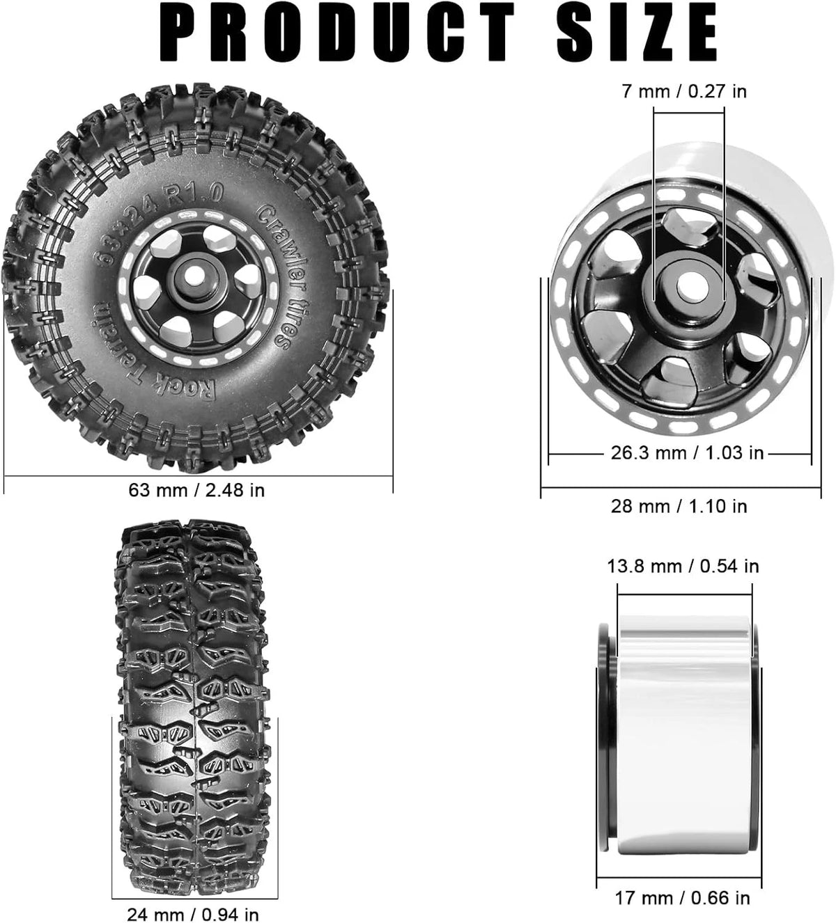 1.0 Beadlock Wheel Soft Tire Set RC Upgrade Part for Traxxas 1/18 TRX4M Black