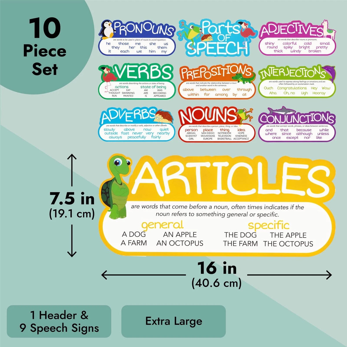 Juvale 10-Piece Parts of Speech Posters for Elementary Classroom Multi Color