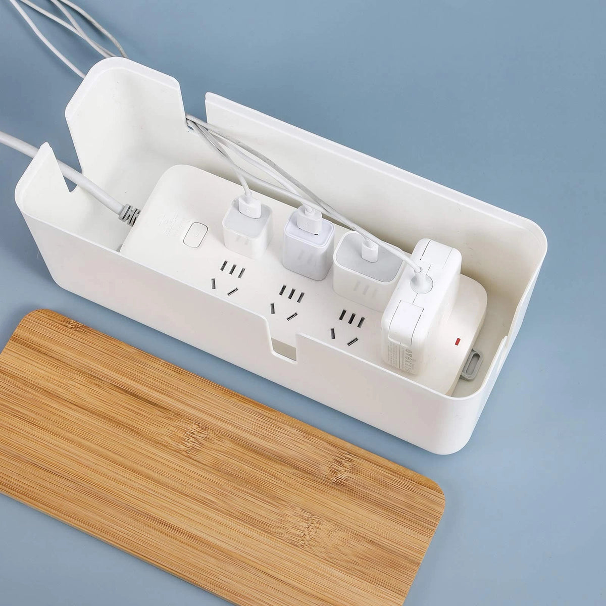 Changsuo Small Cable Management Box with Bamboo Lid for small, White