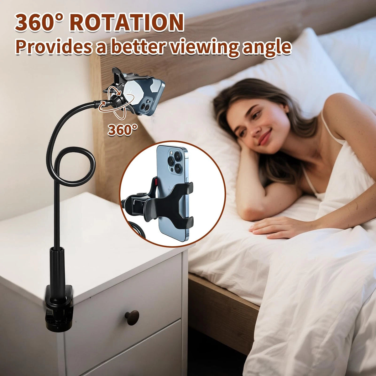 Gooseneck Phone Holder for Bed - Cell Mount Clamp Clip, 360° Black