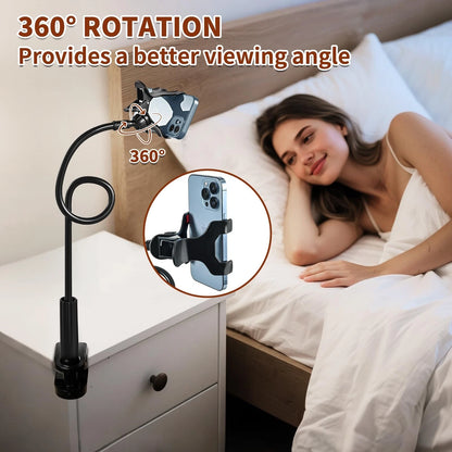 Gooseneck Phone Holder for Bed - Cell Mount Clamp Clip, 360° Black