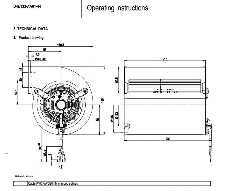 ebmpapst D4E133-AA01-44 centrifugal blower 230VAC 1200RPM 50/60Hz cooling fan
