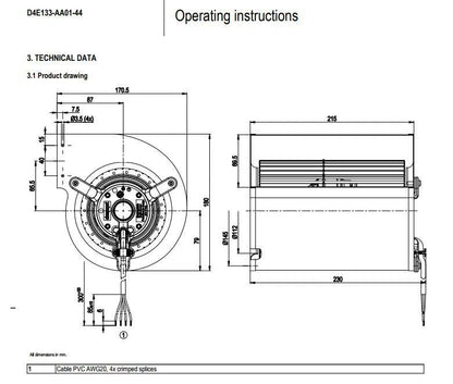 ebmpapst D4E133-AA01-44 centrifugal blower 230VAC 1200RPM 50/60Hz cooling fan