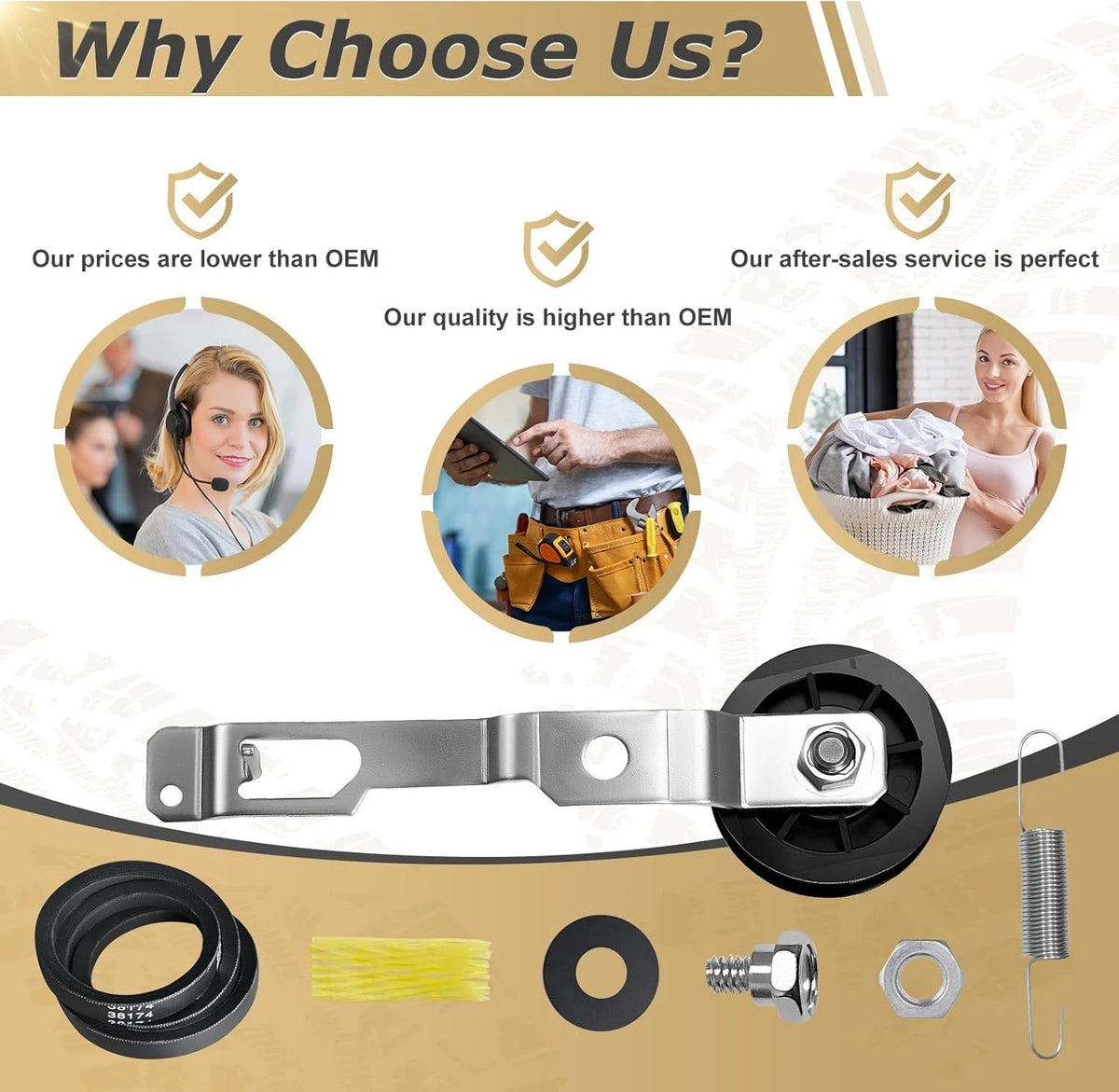 959P3 Washer Idler Pulley& Lever& 38174 Belt Kit Compatible with Alliance...