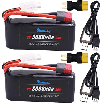 Blomiky 2 Pack 7.4V 2S 3000mAh Shorty T Plug Lipo Battery with XT60...