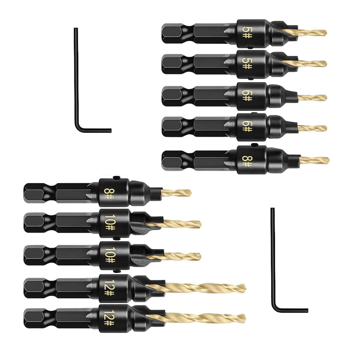 12-Piece Countersink Drill Bit Set One-Step Drill & Countersink, 1/4" Hex Shank