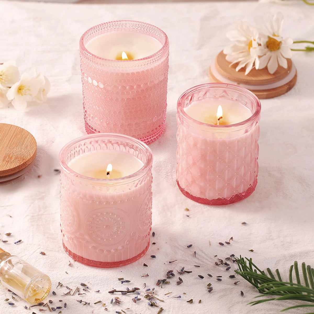 DARJEN 12 Pack Pink Candle Jars for Making Candles- 3 Styles Glass
