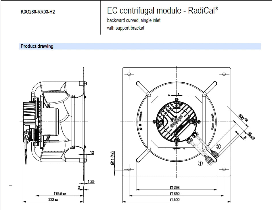 Ebmpapst K3G280-RR03-H2  1~ 230VAC 500W 2.2A 2700RPM 2105m3/h EC Centrifugal Fan