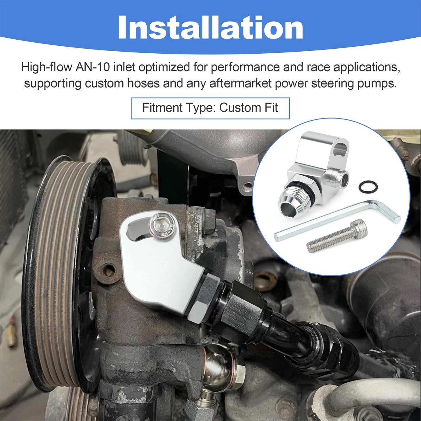 1JZ 2JZ Power Steering Pump Suction Swivel Fitting 10AN Silver