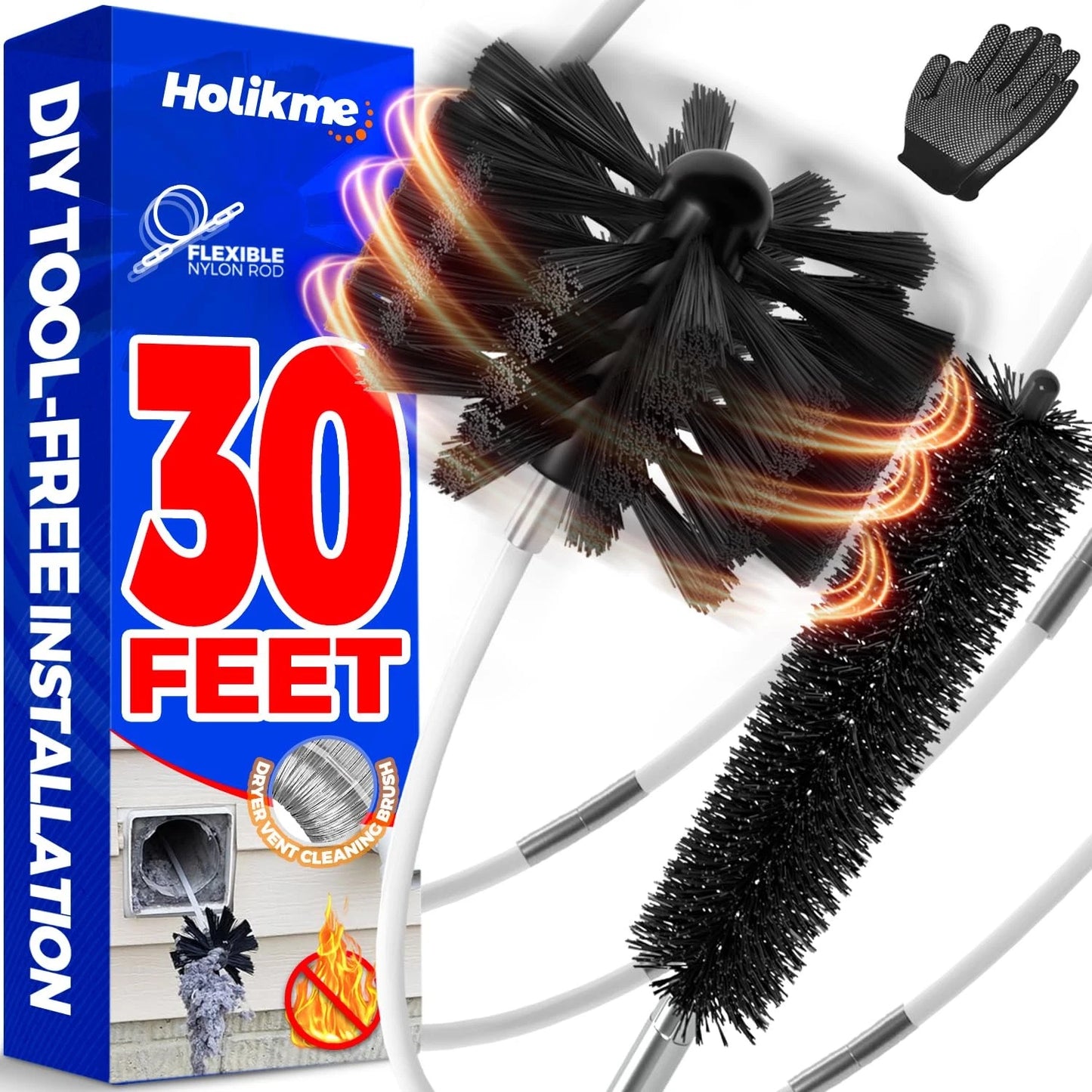 Holikme Dryer Vent Cleaner Kit - 30Ft Fireplace Chimney Brushes 30feet, White