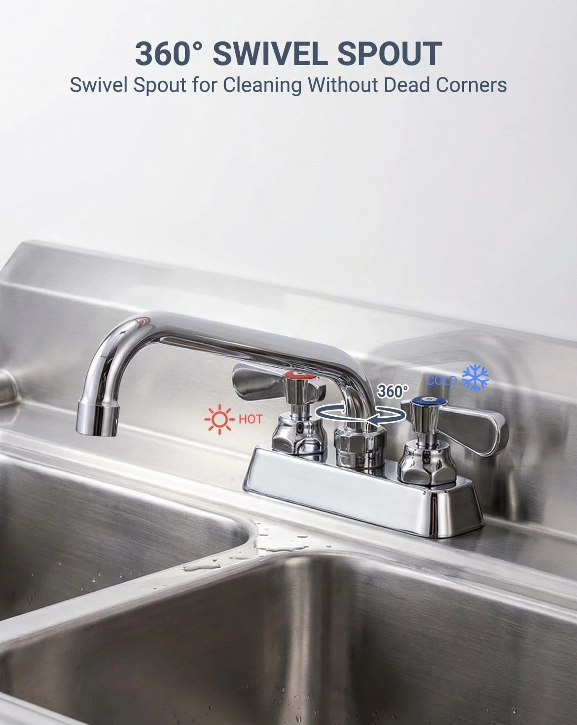 Phivan Commercial Sink Faucet 4 4" Center 10" Swivel Spout, Polished Chrome
