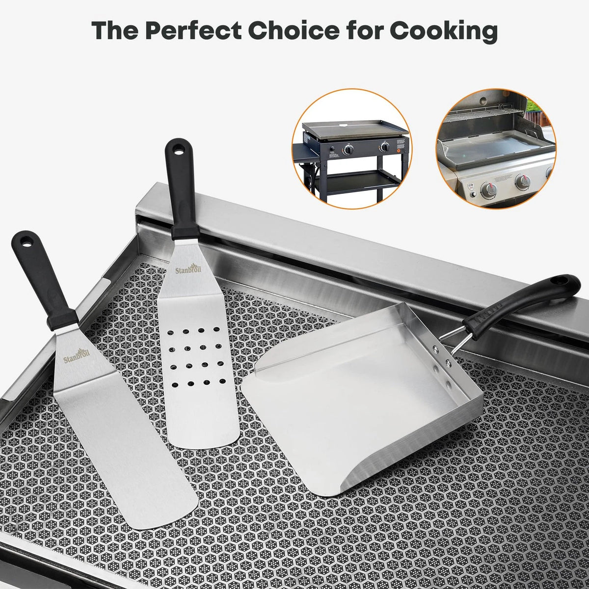 Stanbroil Stainless Steel Griddle Food Mover, 3 PCS 13" x 7", Silver/Black