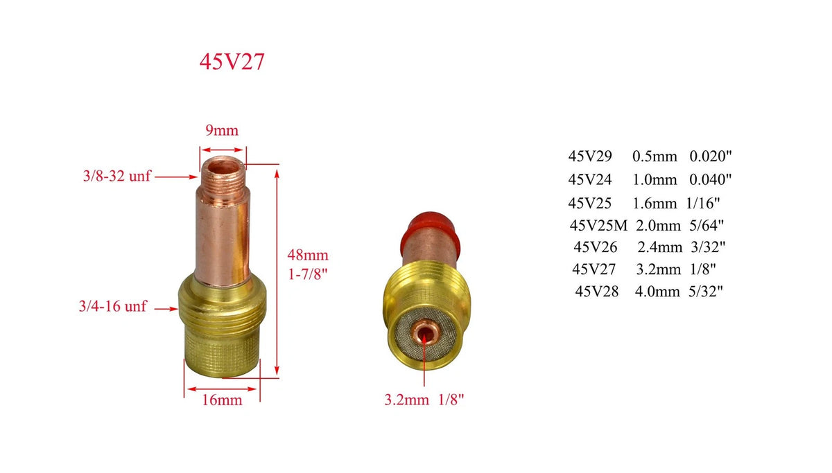 RIVERWELD TIG Gas Lens Collets Bodies Large Diameter 45V27 1/8" & 3.2mm...