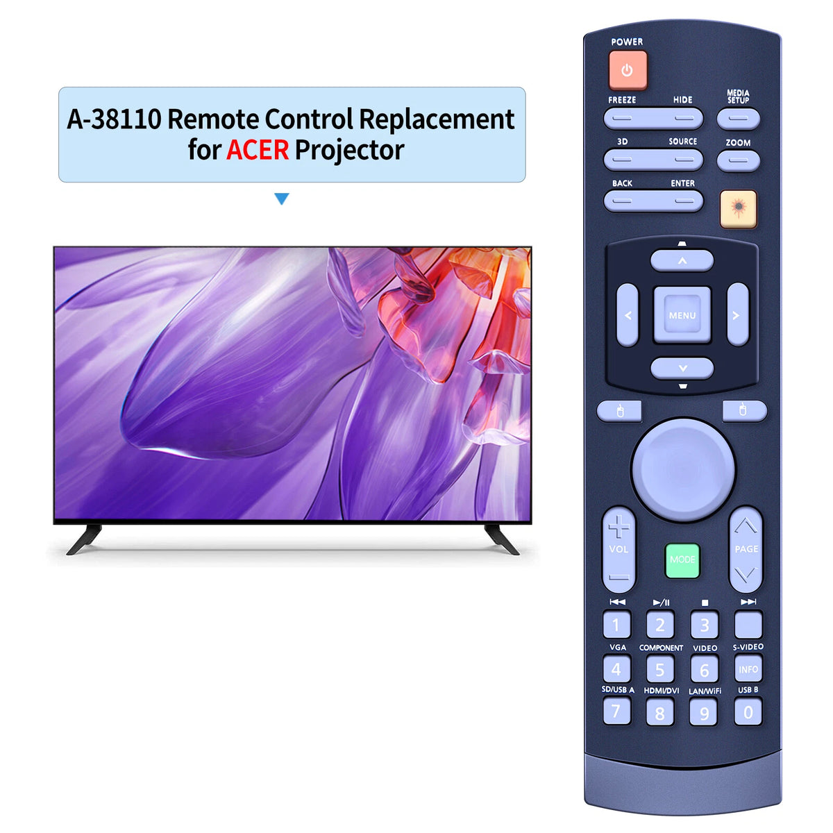 A-38110 Remote Control For ACER Projectors D1P0919, D1P1334, D1P1504, DNX0916