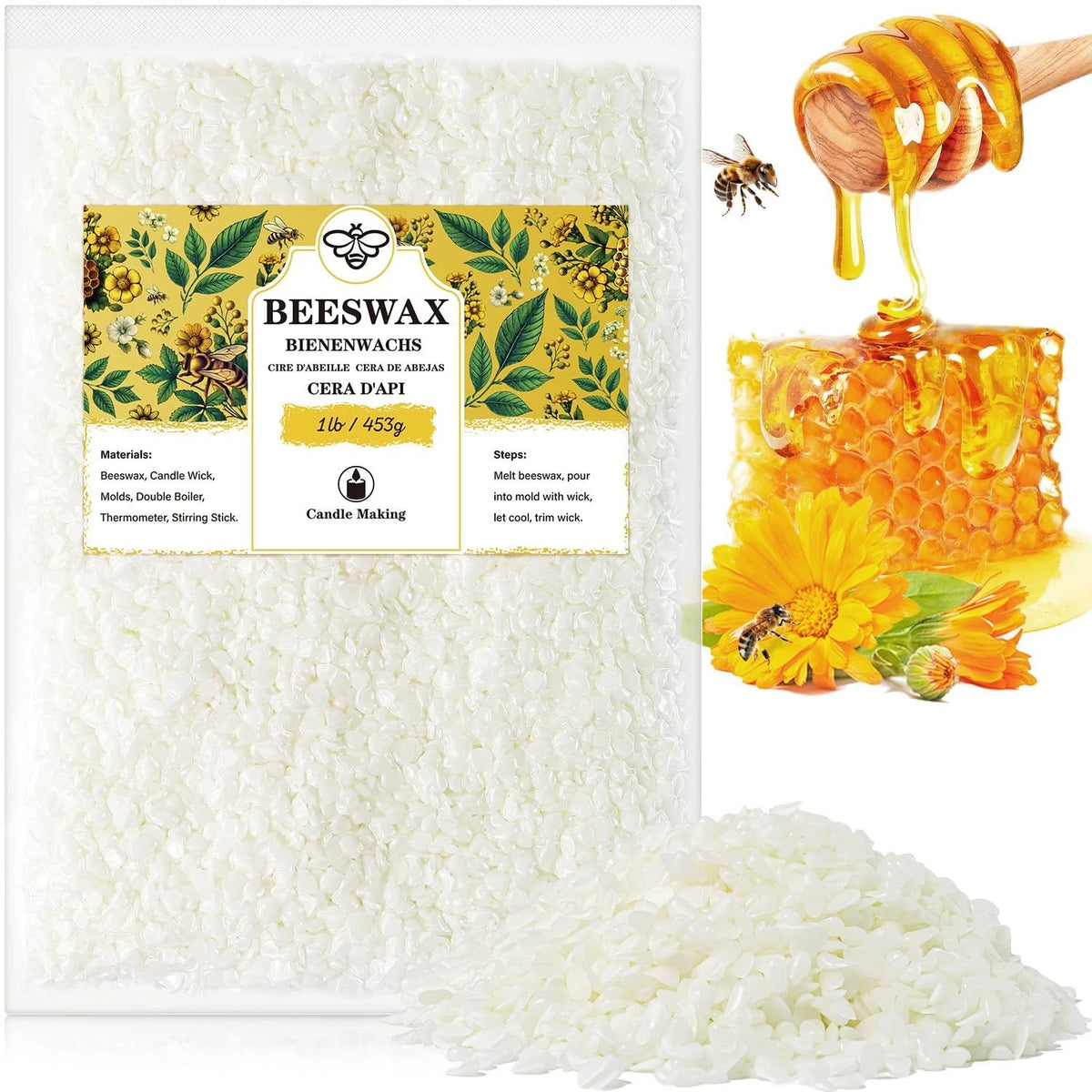 Beeswax pellets 1LB, VEGISHINE Pure and Natural White