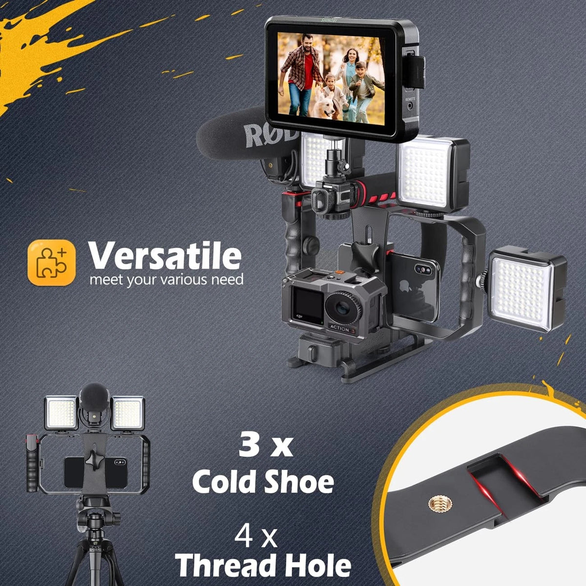 Zeadio Camera Smartphone Handheld Stabilizer, Triple Cold-Shoe Handle black