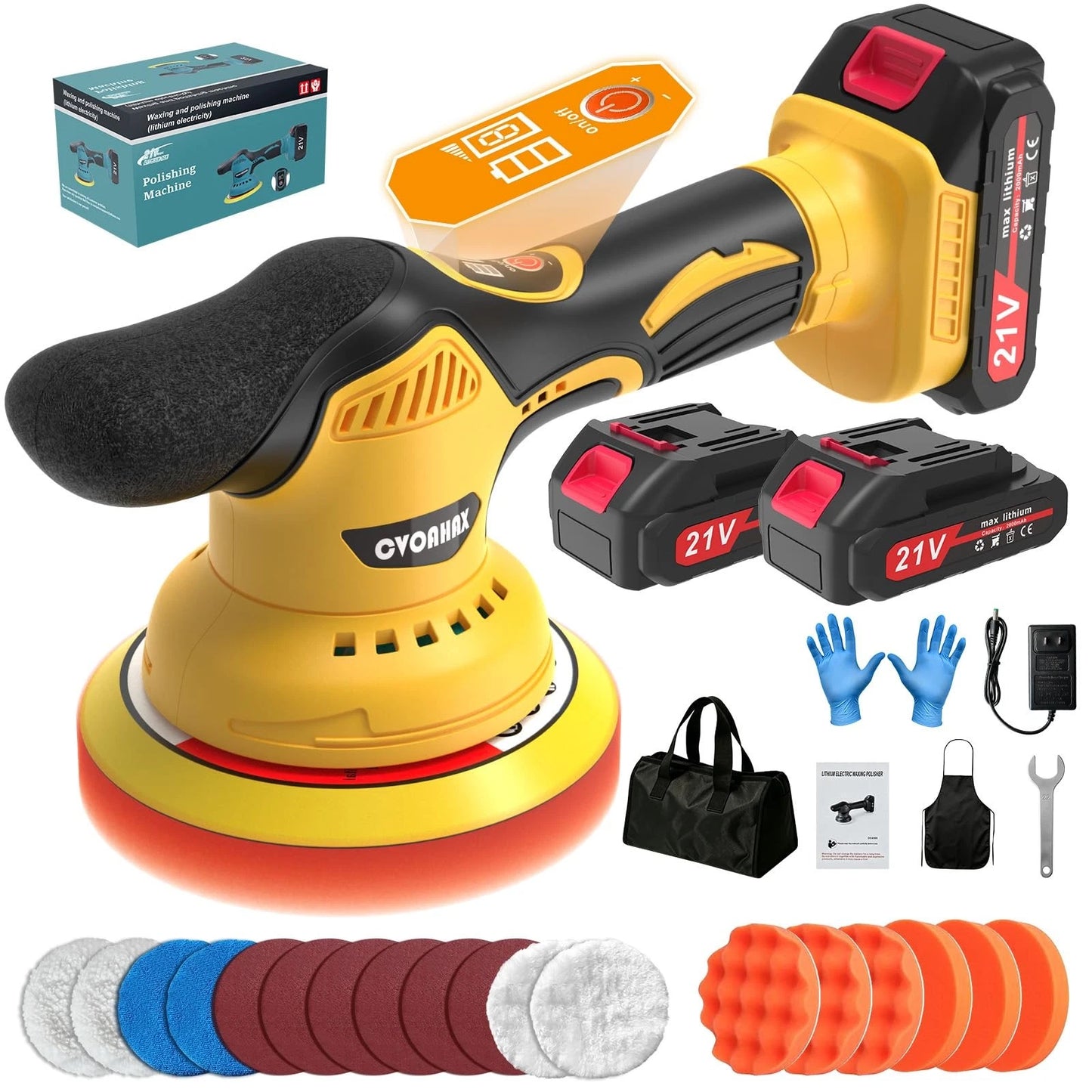 Cordless Car Buffer Polisher Kit (28pcs), 8-Speed & 2*21V Batteries 21, Yellow