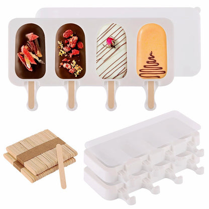 3 Set Popsicles Molds with Lids and 100 Pcs Wooden Standard Size, White
