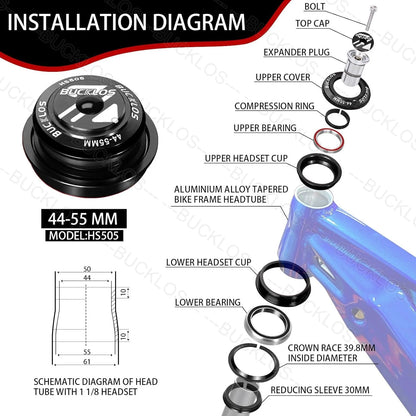 BUCKLOS 1-1/8 Bike Headset MTB Threadless 34 44 44-55mm, 44-55mm-Black