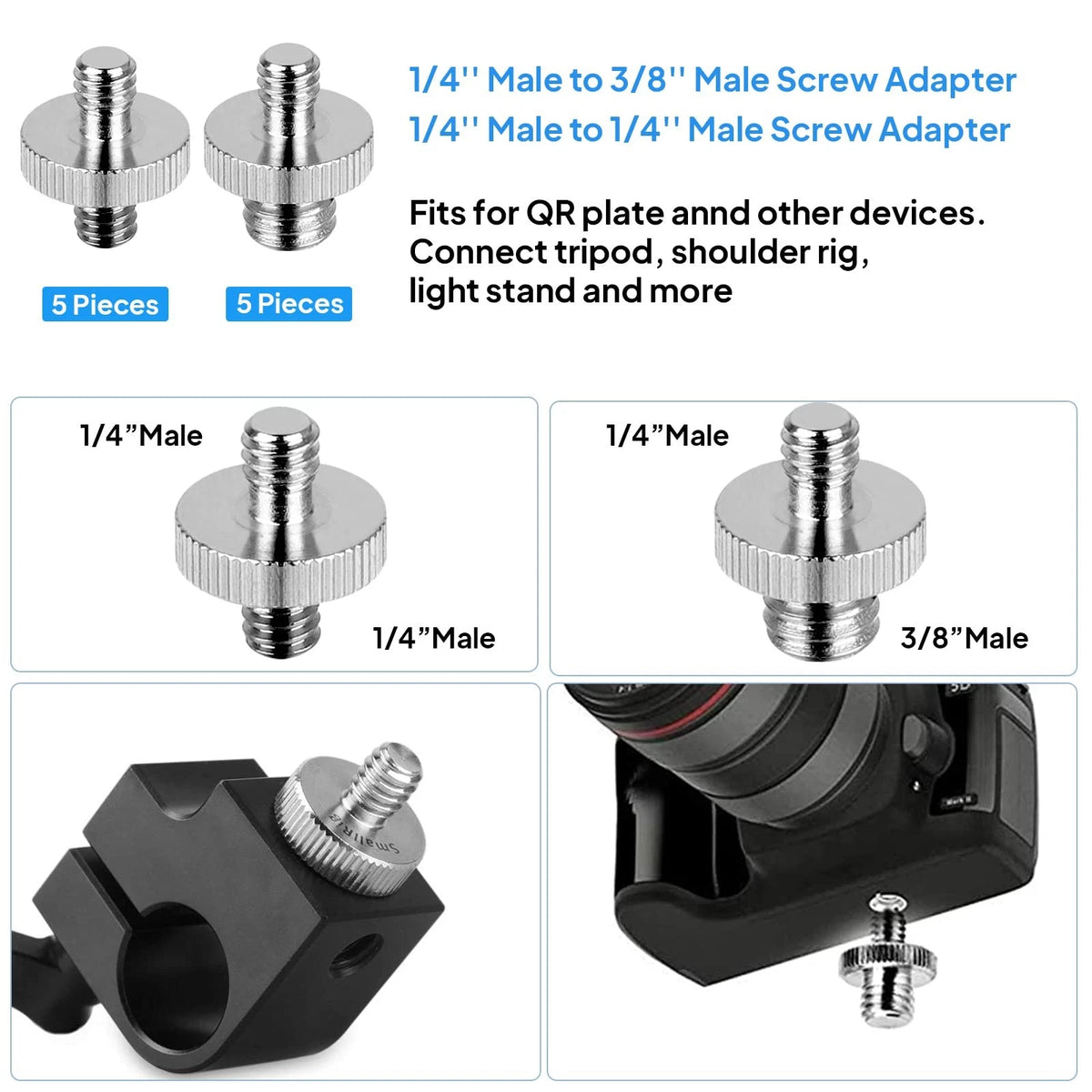 Camera Screw Set - 20pcs Tripod Adapter Mounts for 1/4" to 3/8" 1/4", Silver