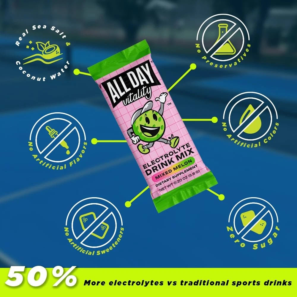 ALL DAY Vitality Pickleball Electrolyte Powder Packets | No Sugar, 30 Count