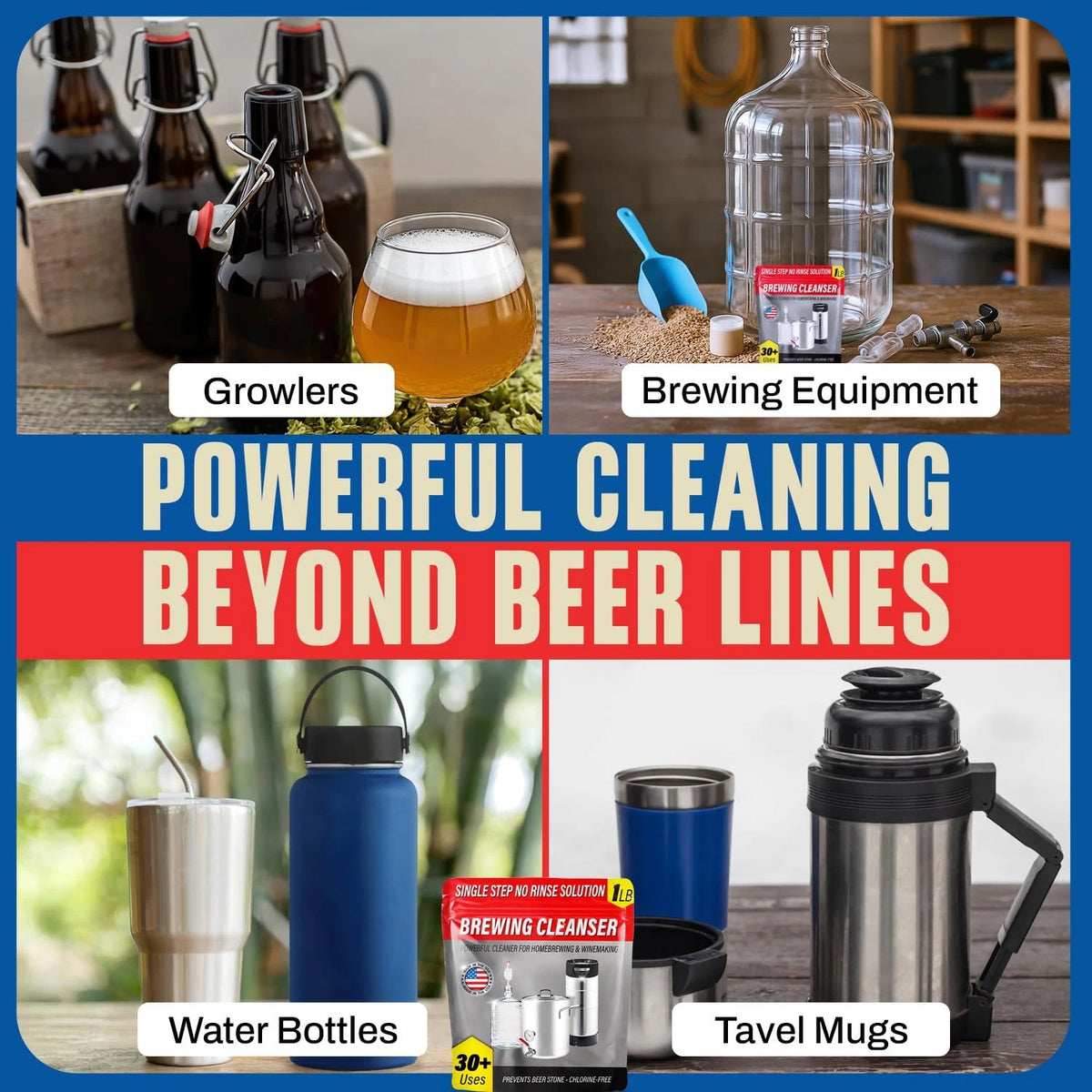 Kegerator Cleaning Kit with 1 LB Beer Line Cleaner Made in USA – 30+ White