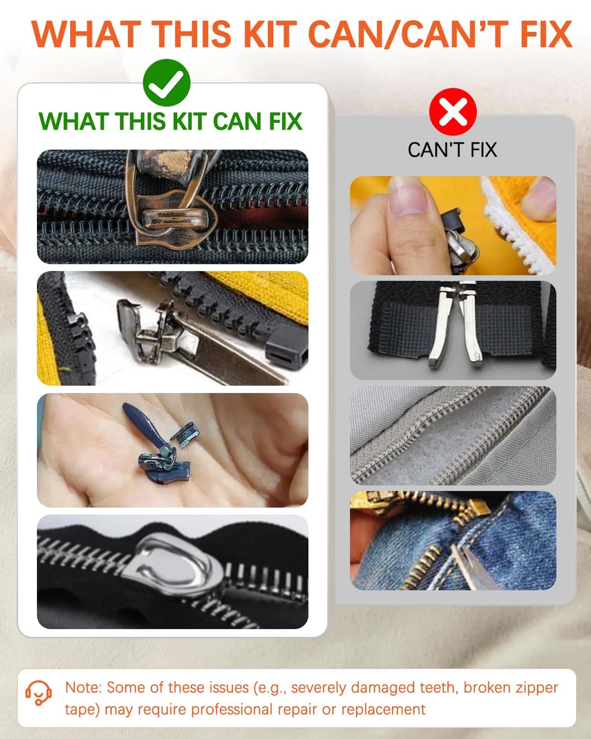 Zipper Repair Kit for YKK Metal, Molded Vislon & Coil Zippers, 16 Pcs