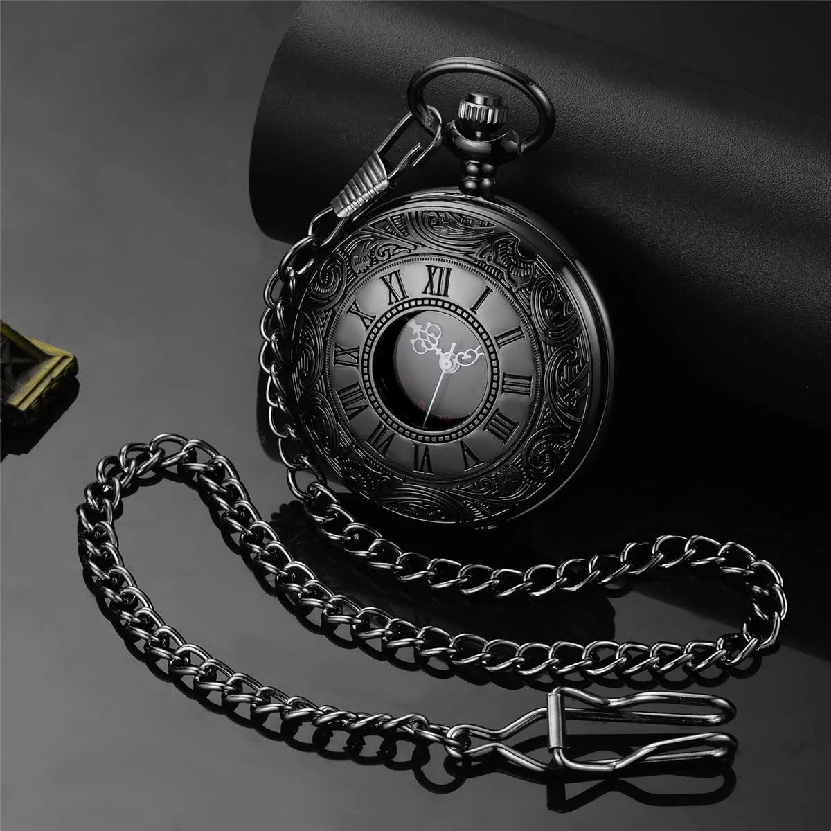MJSCPHBJK Vintage Pocket Watch for Men Roman Numerals Scale Quartz Black