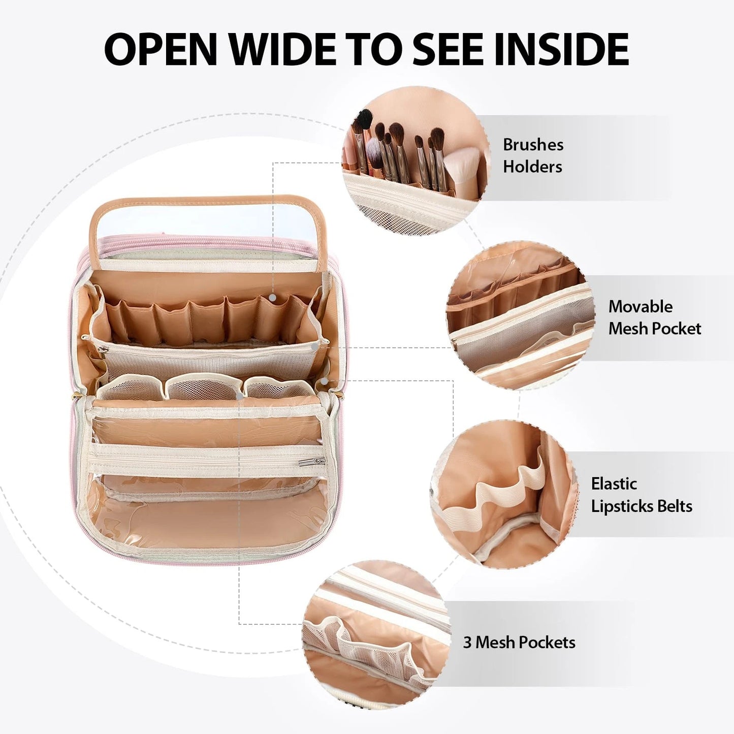 JOYYTUU Standing Makeup Bag, Large Capacity with Room for Brushes Light Pink