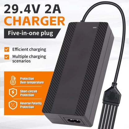 CraogeCoore 29.4V 2A Lithium Battery Charger, 5-in-1 Universal Plug Black
