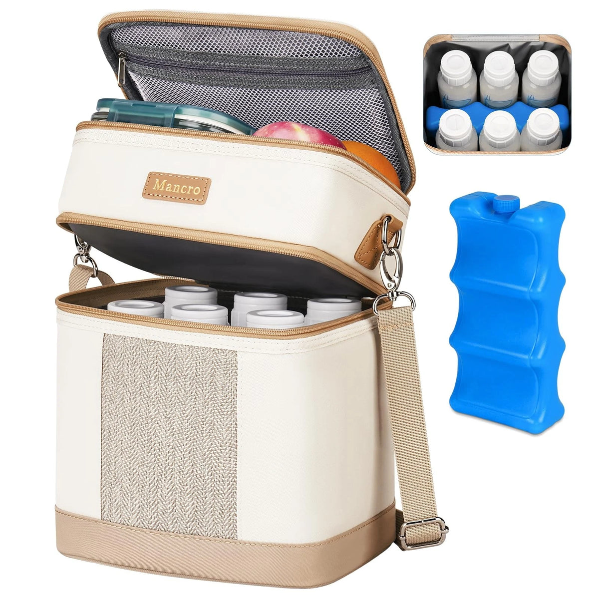 Mancro Breastmilk Cooler Bag with Ice Pack, Double Layer Medium, Beige