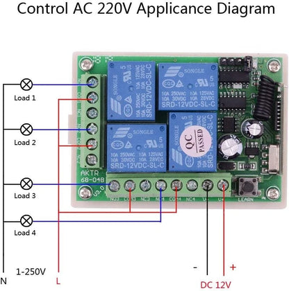 DC 12V Remote Control Switch 4 Channel Universal 433Mhz Control...
