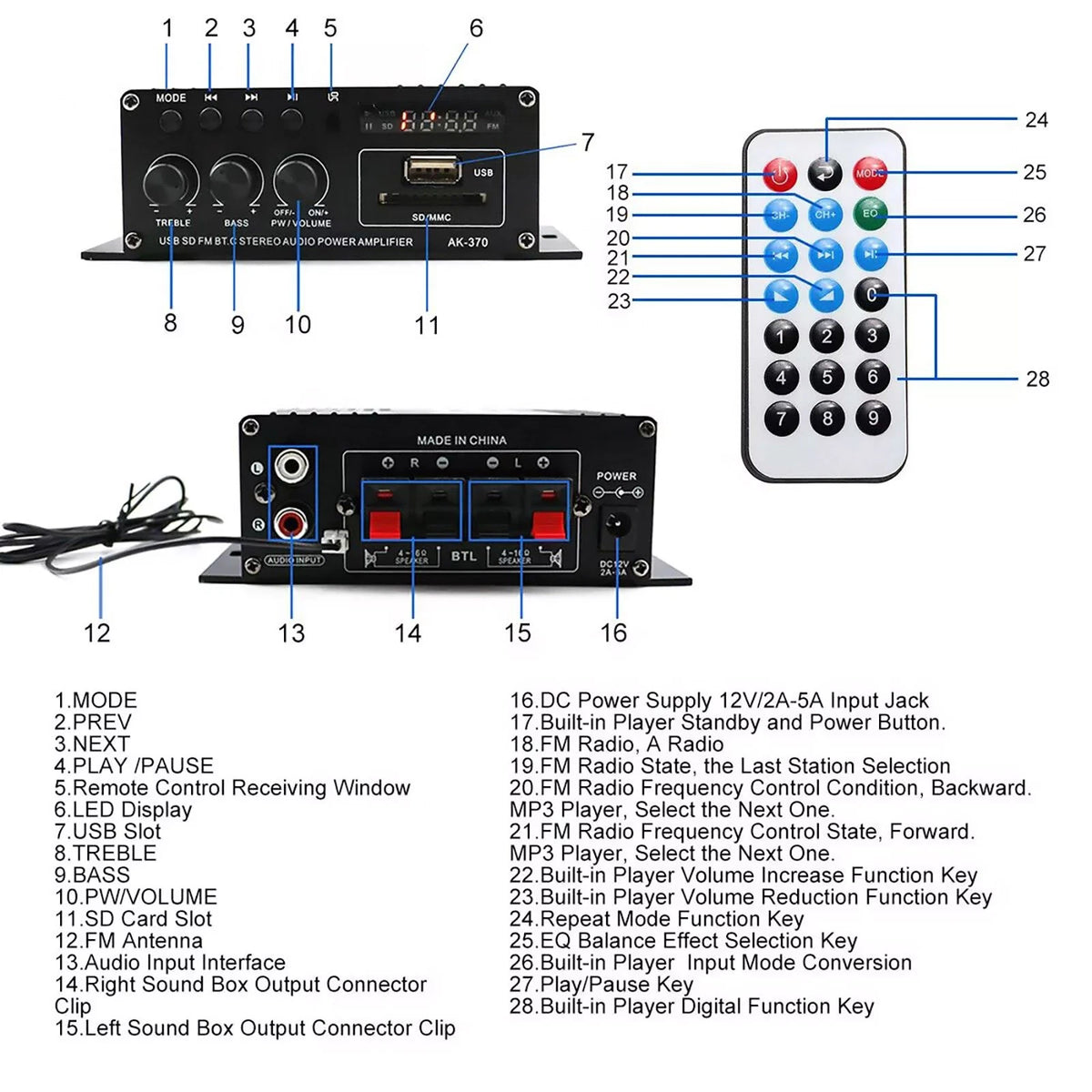 Bluetooth Mini HiFi Digital Stereo Audio 2 Channels Amplifier Power Amp DC 12V