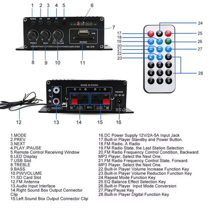 Bluetooth Mini HiFi Digital Stereo Audio 2 Channels Amplifier Power Amp DC 12V