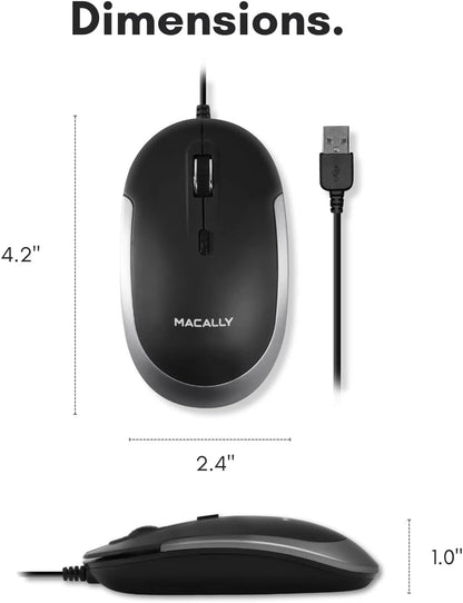 Macally Silent Wired Mouse - Slim & Compact USB Black with Space Gray Trim