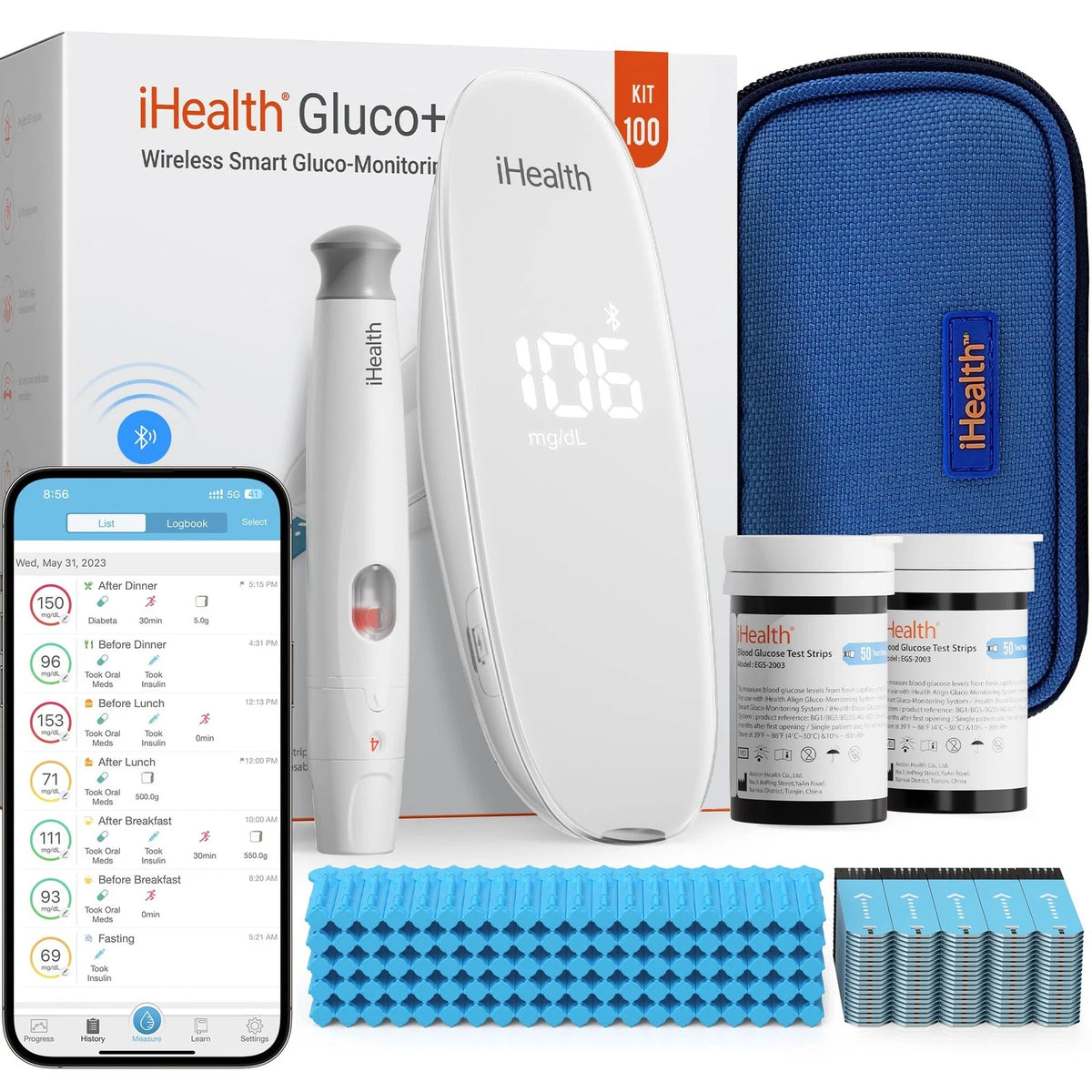 iHealth Gluco+ Wireless Smart Blood Glucose Monitor Kit with Free App, White