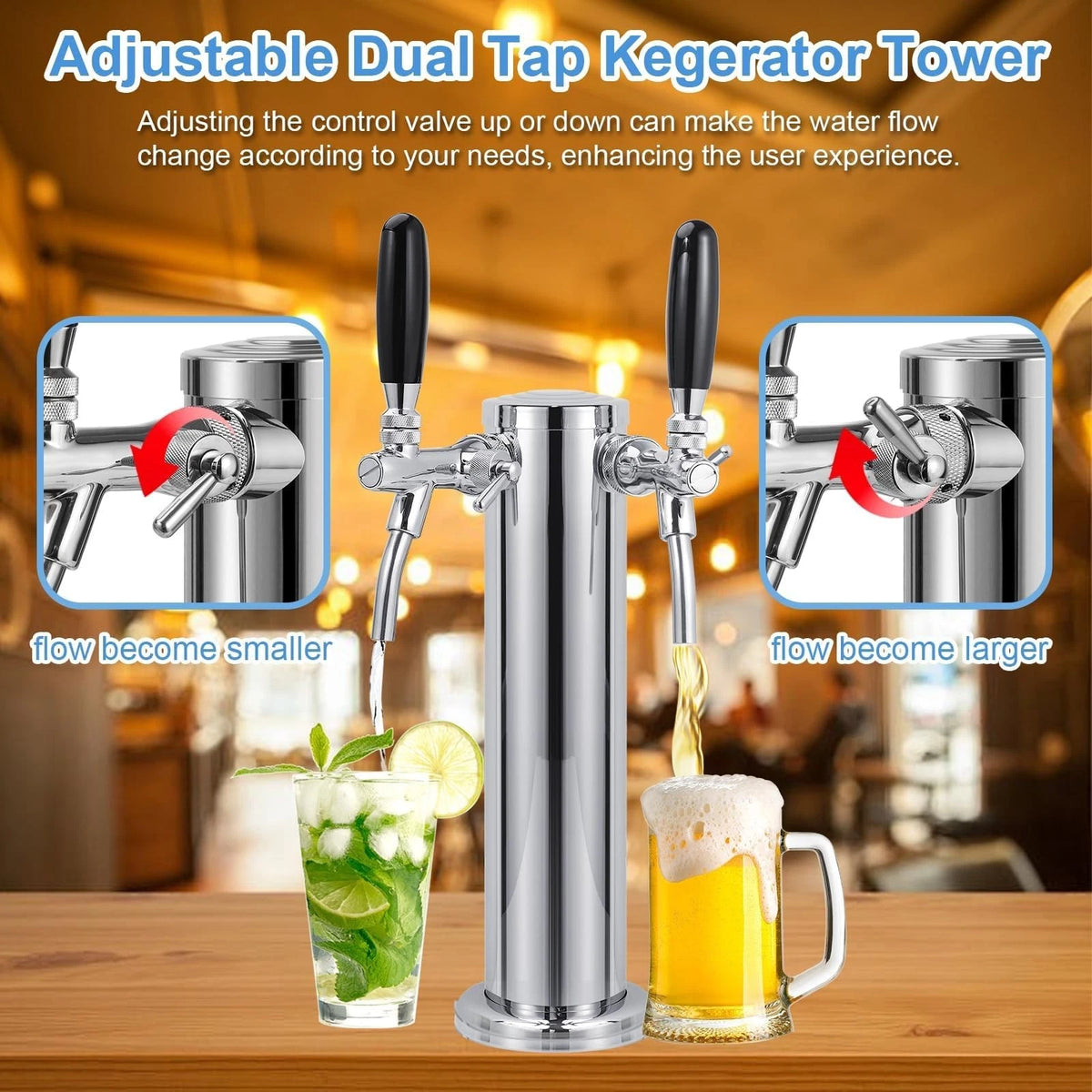 Adjustable Dual Tap Kegerator Tower Draft Beer 3 beer tap tower, Silver