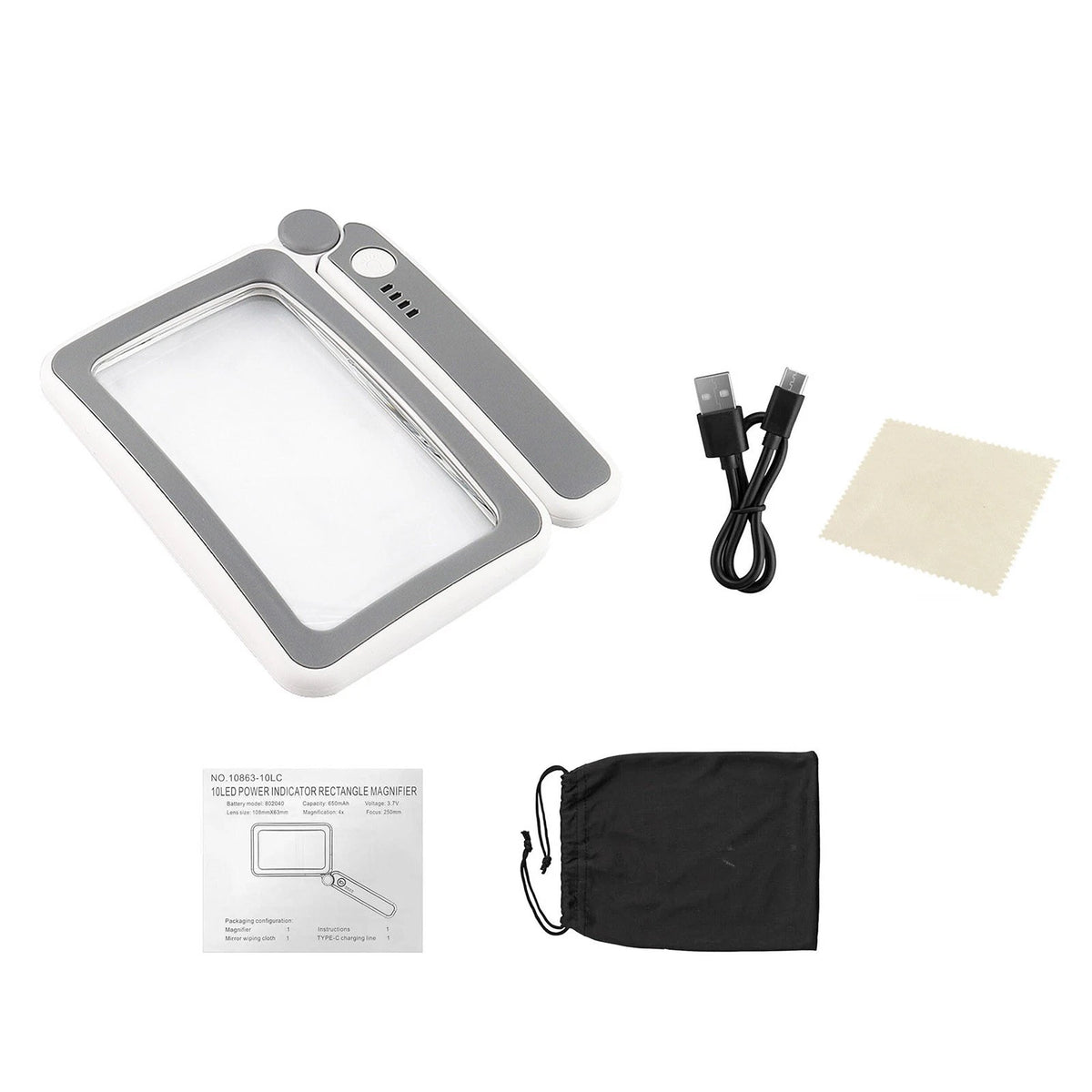 Handheld Illuminated Magnifier 4x 10 Led Dimmable Brightness USB C Rechargeable