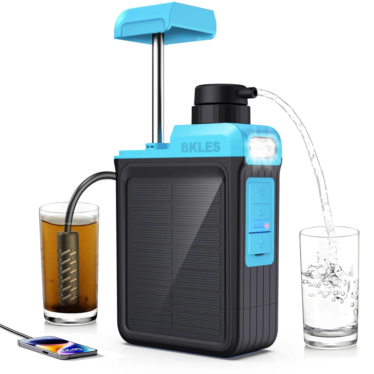 BKLES 3-in-1 Solar Electric Water Filter with Hand Pump - Camping Blue