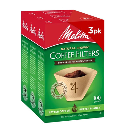 Melitta #4 Cone Coffee Filters, Natural Brown, 100 3-Pack, Brown