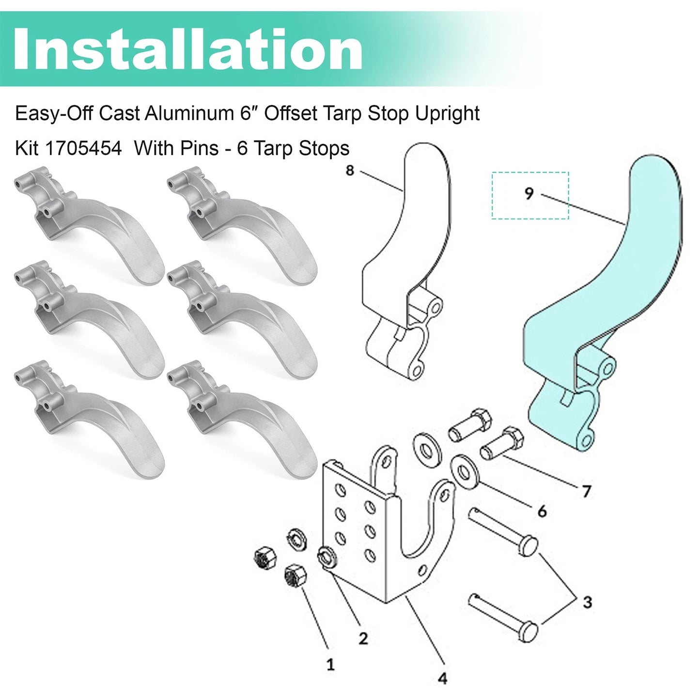 1705454 Easy-Off Cast Aluminum 6″ Offset Tarp Stop Upright Kit - 6 Tarp Stops