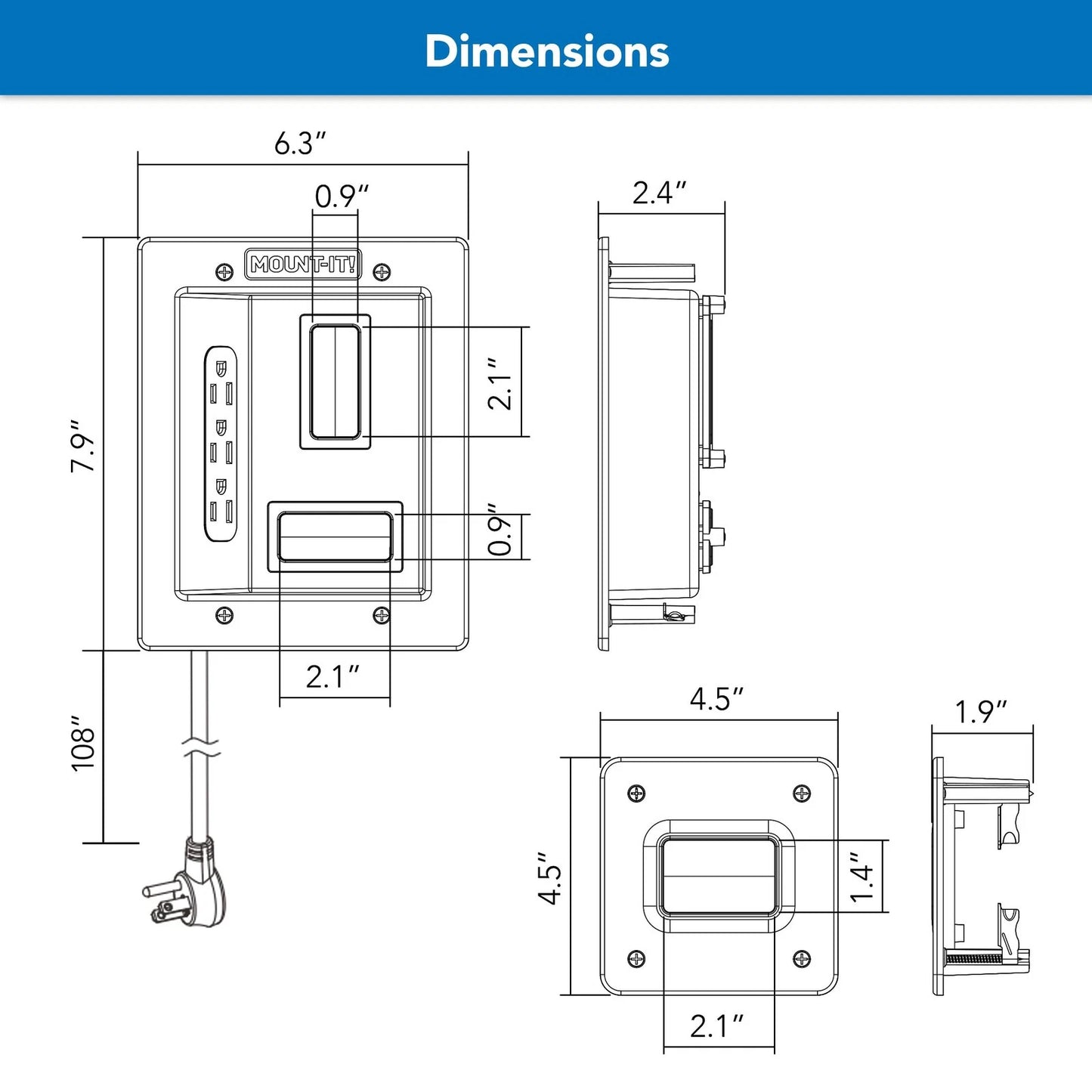 Mount-It! in-Wall TV Cable Management Kit with Recessed Power - White/Gray